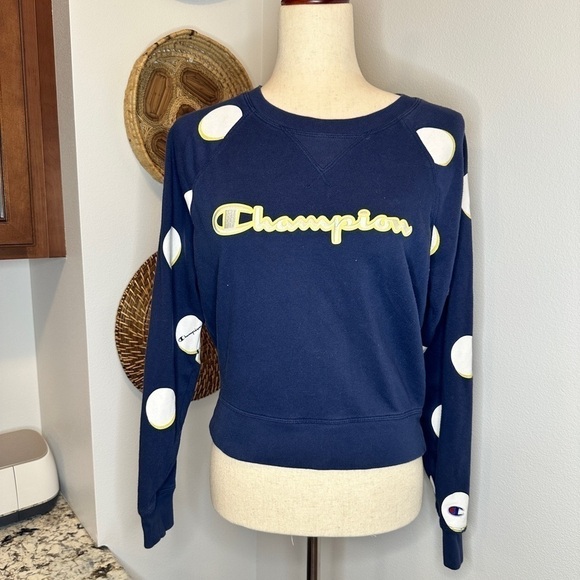 champion Sweatshirt Size Small Womens Blue Crewneck Pullover Polka Dot Logo - Picture 1 of 6